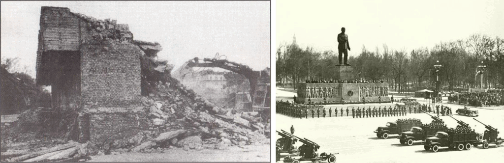 Balra a Regnum lerombolása, jobbra a Sztálin-szobor